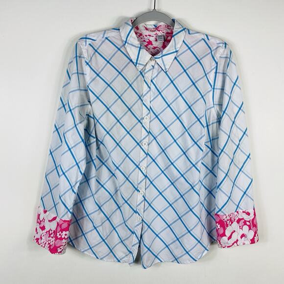 Izod Size Large Windowpane Plaid Floral Cuff Long Sleeve Button Shirt Top - Picture 1 of 4